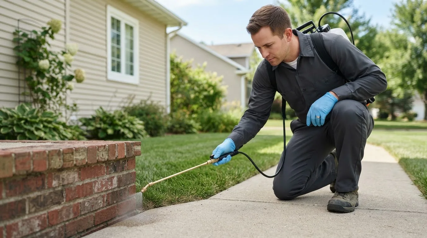 Pest control technician treating a home near Achille, OK