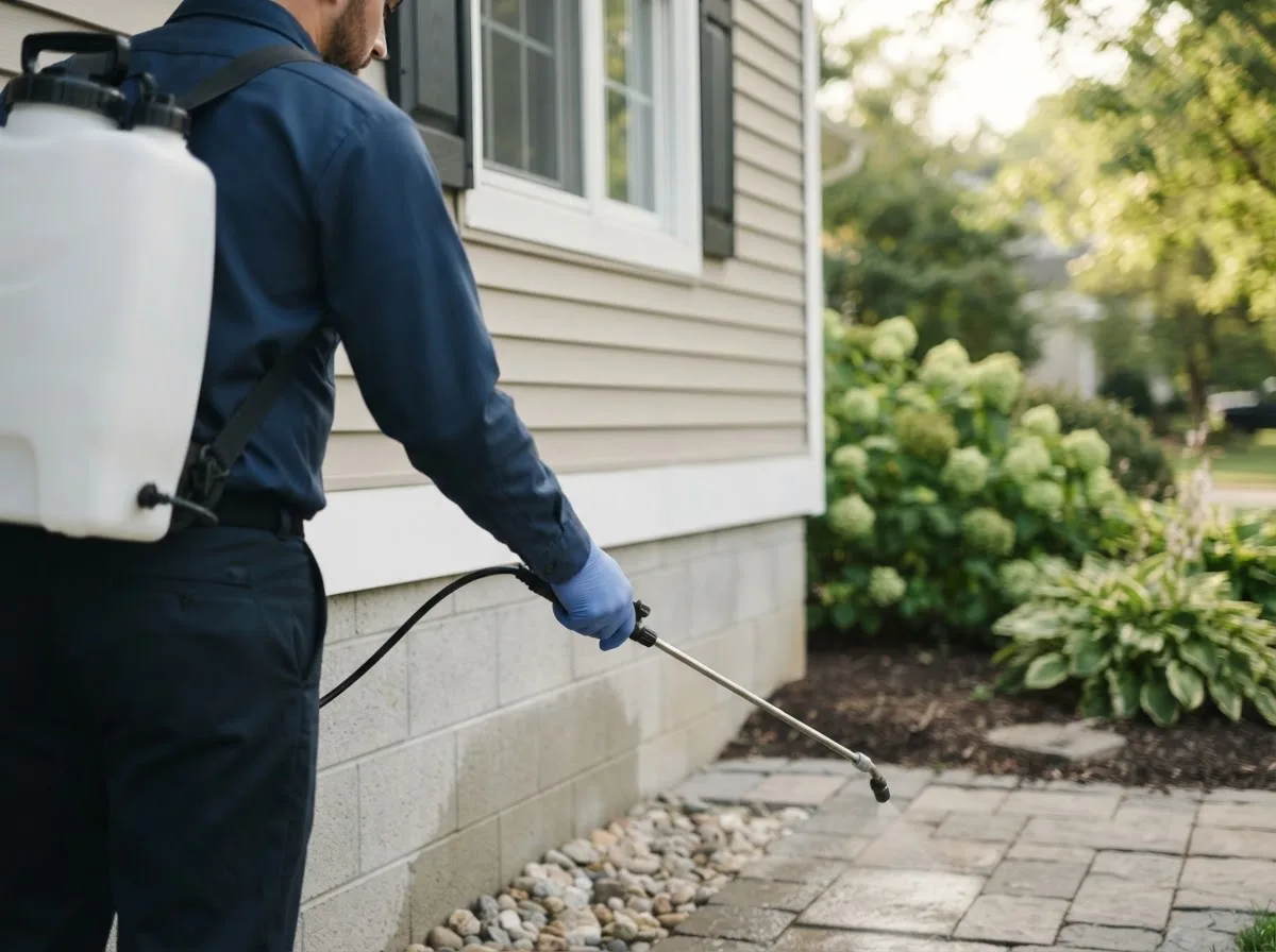 Pest control technician inspecting a home in Achille, OK